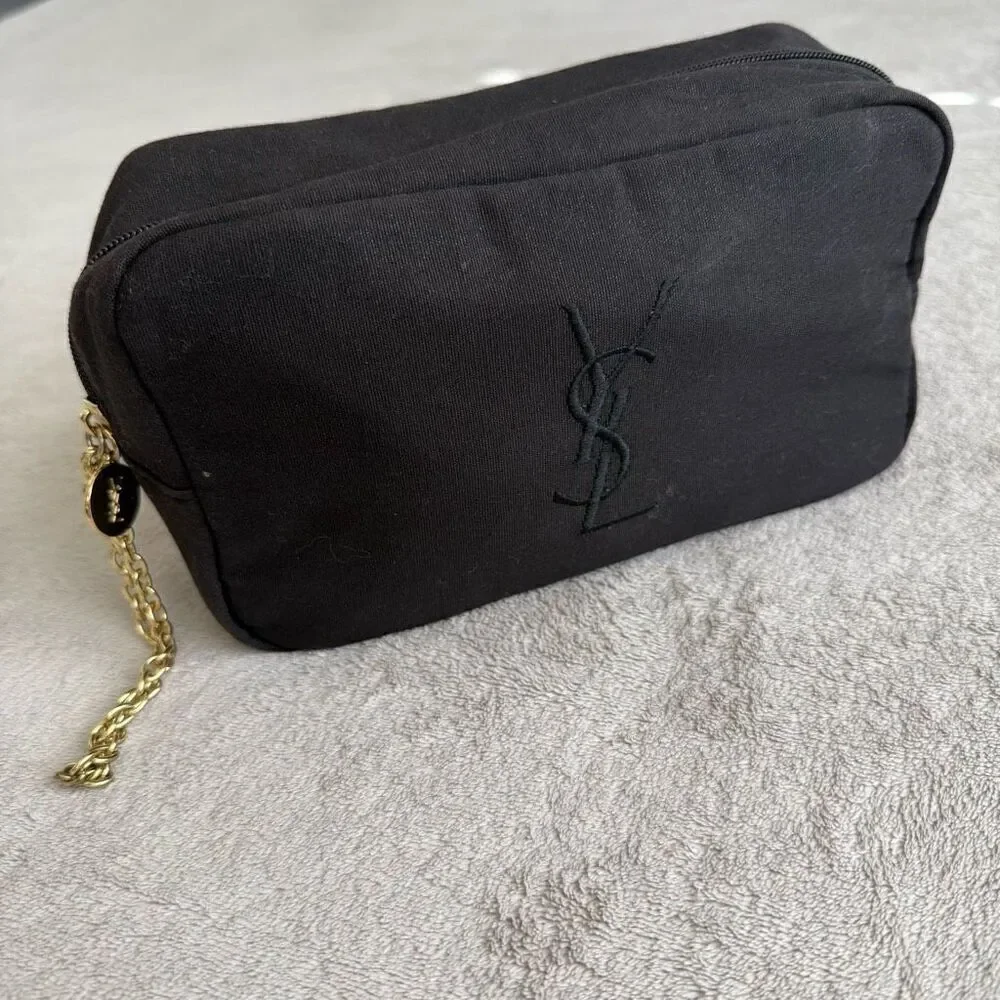 Yves Saint Laurent YSL parfums Black Canvas Logo Wristlet Clutch Bag